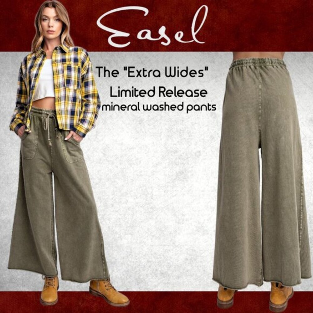 EASEL "Extra Wides" Mineral Washed Cotton Wide Flared Leg Pants, Pockets Raw Hem